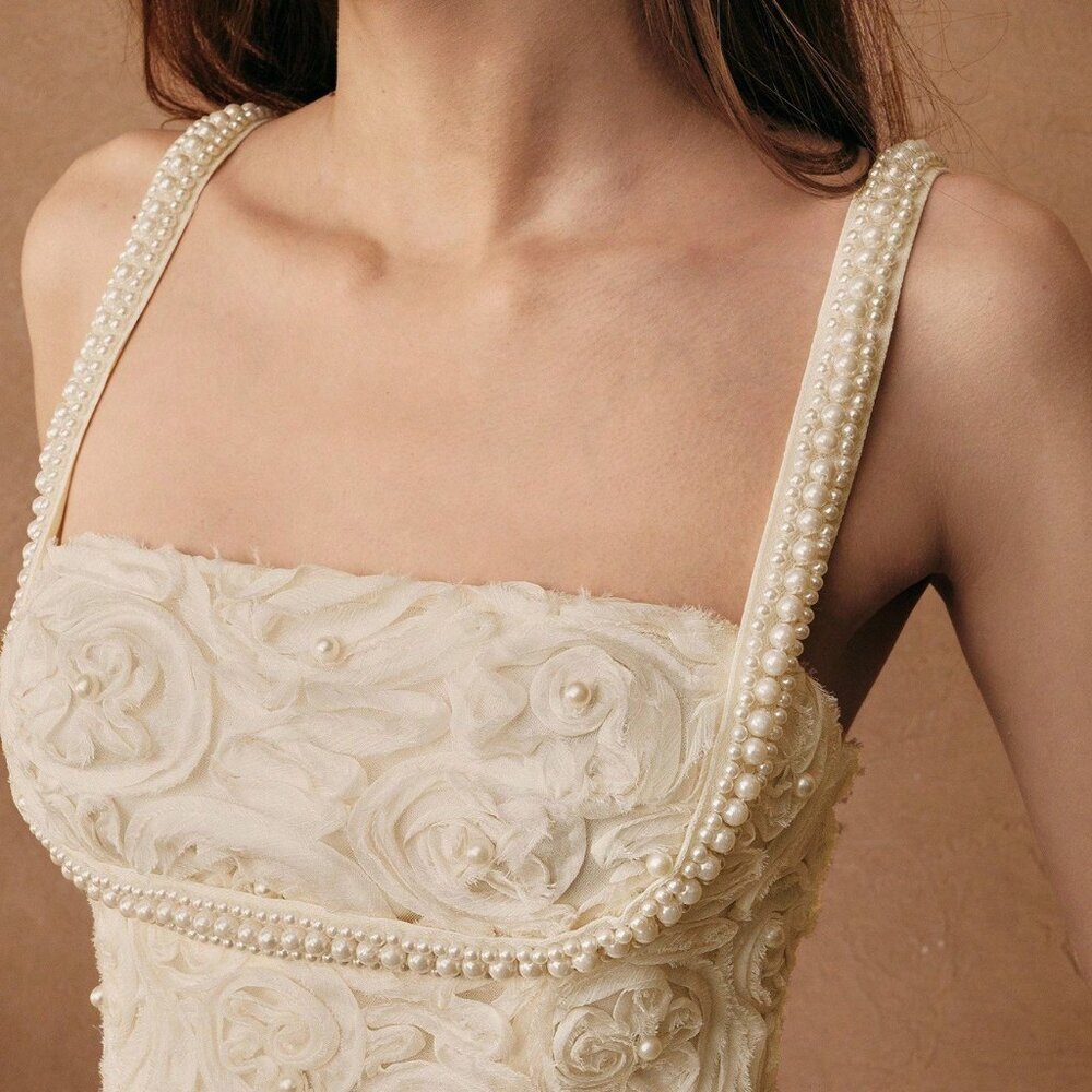 Apricot Elegant Women's Waist Cinching Spaghetti Strap Guest Dress - Picture 6 of 7
